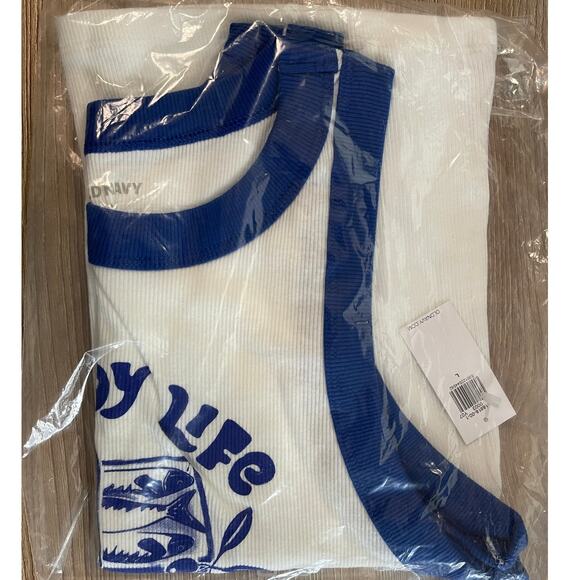Old Navy Womens White Blue Enjoy Life Graphic Crop Tank Top NEW Large - Picture 2 of 6